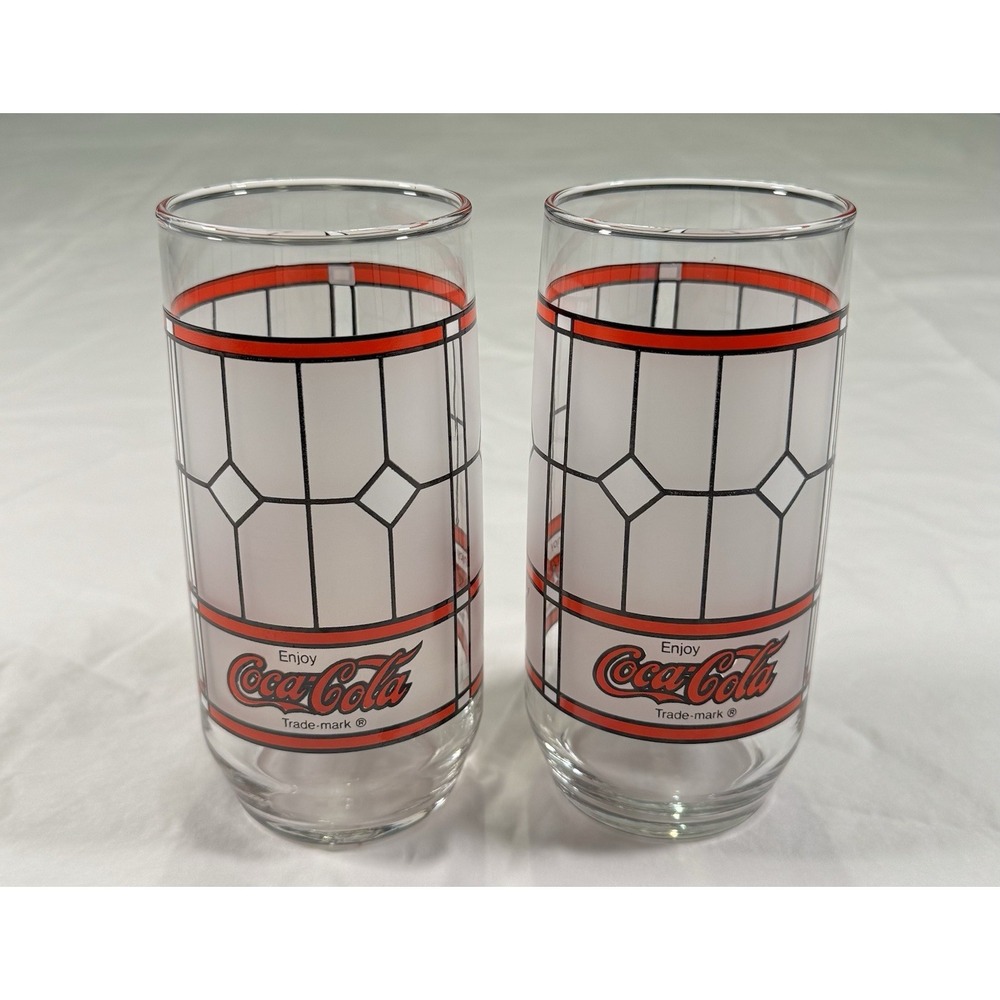 Vintage Coca-Cola Tall Drinking Glasses Red White Geometric Set of 2